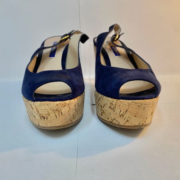 Authentic Stuart Weitzman Cork Wedge Navy Blue Suede Slingback Shoes Size 7 - Picture 3 of 8